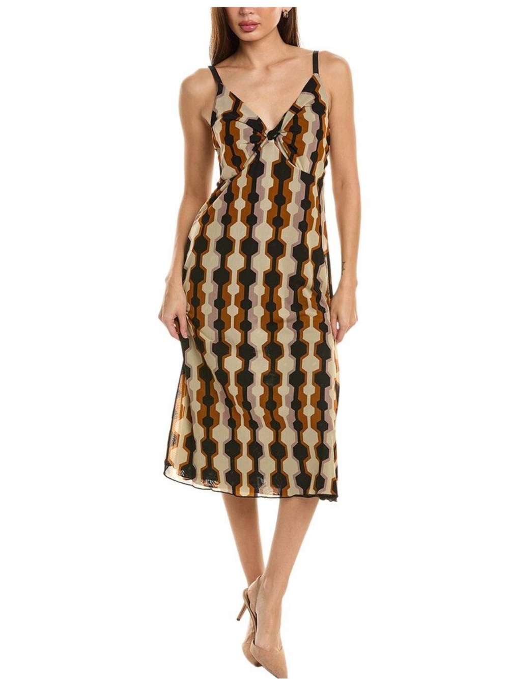 CAbi Geometric Slip Maxi Dress in Black, Brown, Cream